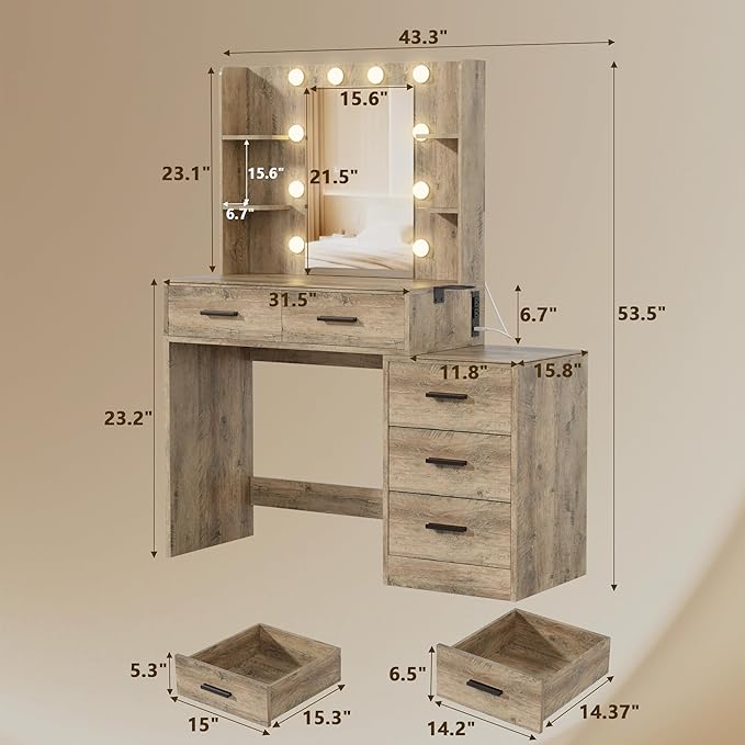 Furmax Makeup Vanity Desk with Mirror and Power Outlet, Vanity with 3 Color Light Options Adjustable Brightness, Vanity Table with 5 Drawers, 6 Storage Shelves, Nightstands (Rustic Oak)