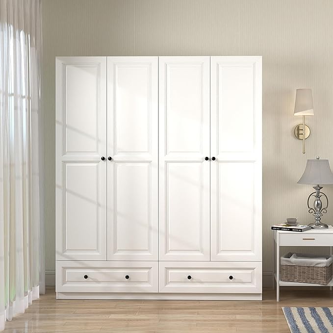 Armoire Wardrobe Closet with Drawers: 74" White Wardrobe Close with 4 Doors, Tall Armoire with Hanging Rod, Large Wood Clothes Cabinet for Bedroom (White, 63")