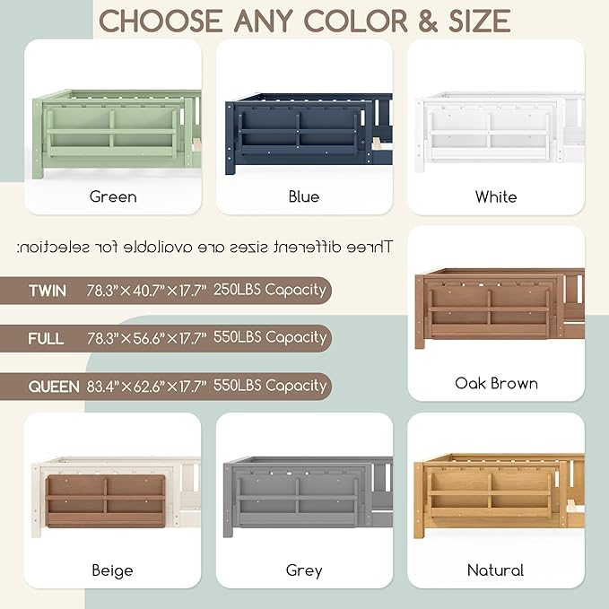 Bellemave Full Size Floor Bed Frame with Fence & Bookshelf, Solid Pinewood Montessori Floor Bed Full with Slats Load 550LBS, Low Profile Floor Bed for Kids, Bedroom, Nursery, Easy Assembly, Blue