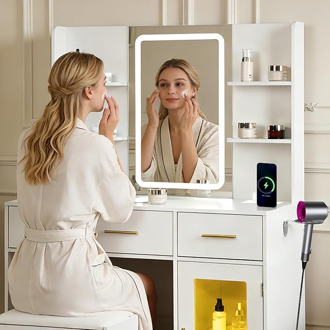 White LED Vanity Table with Three-Color Adjustable Light HD Mirror, USB Charging Port,Leather Stool, Double-Layer Acrylic Cabinet with Ambient Lighting,and Makeup Table with Drawer Storage
