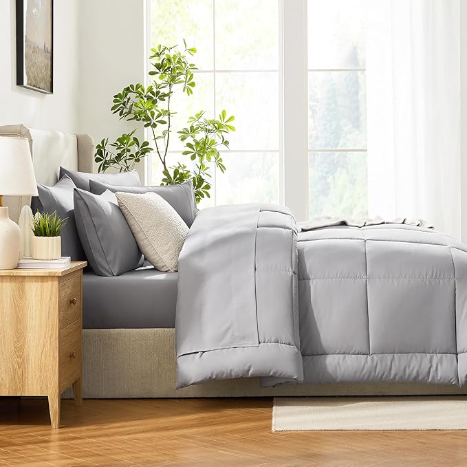 CozyLux Queen Comforter Set Grey, 7 Pieces Bed in a Bag, Gray Comforters Queen Size, All Season Bedding Sets with Stitch Quilted Comforter, Flat Sheet, Fitted Sheet, Pillowcases