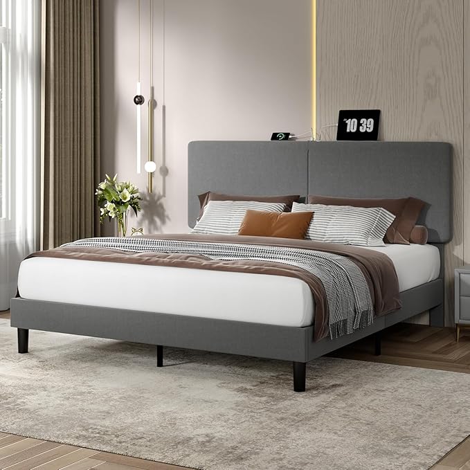 VECELO Queen Bed Frame Upholstered with Charging Station, Height-Adjustable Headboard, Wooden Slat Support, No Box Spring Needed, Easy Assembly, Dark Grey