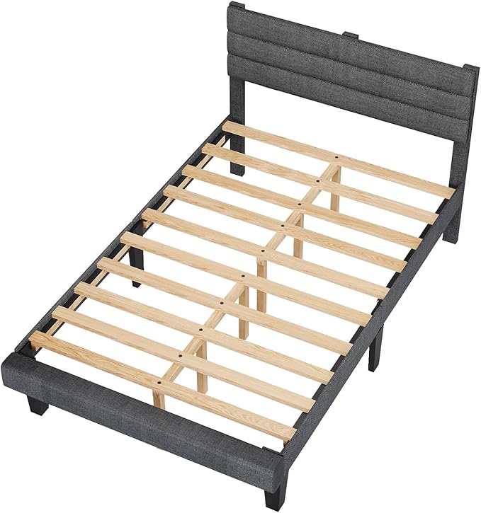 VINGLI Twin Bed Frames for Kids with Headboard, Mattress Foundation with Cozy Linen Upholstered,No Box Spring Needed,Stable Wooden Slats Support, Dark Gray