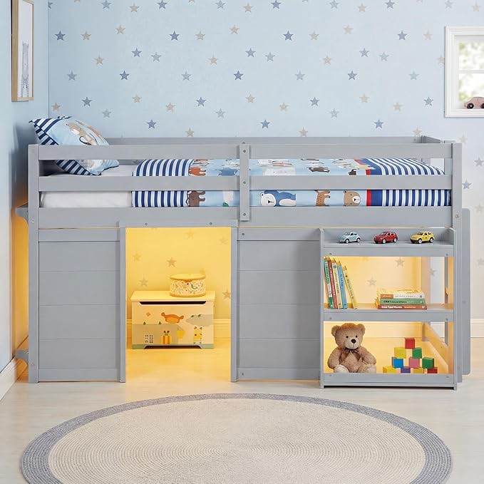 Giantex Loft Bed Twin Size with LED Lights, Wooden Low Bed Frames for Kids w/2 Doors, Under-Bed Play Space & Storage Bookcase, Modern Bedframe with Ladder & Safety Guardrail for Boys Girls (Grey)