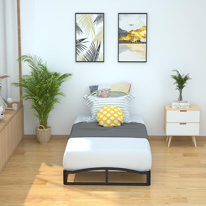 Amazon Basics Durable Metal Platform Bed Frame with Wood Slat Support, 6 Inches High, Twin, Black