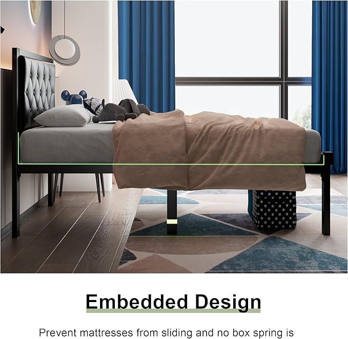 Feonase Twin Size Metal Bed Frame with Faux Leather Button Tufted Headboard, Heavy-Duty Platform Bed Frame with 12" Storage, Steel Slats Support, No Box Spring Needed, Noise Free, Matte Black