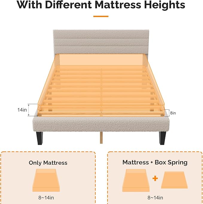 VINGLI Queen Bed Frame with Headboard, Upholstered Boucle Bed Frame,Cozy Low Profile Platform Bed with Wooden Slats and Fabric Adjustable Headboard, Mattress Foundation, Cream, Noise Free,Beige