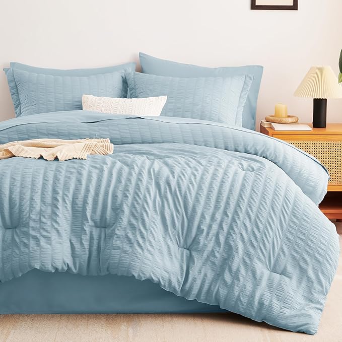 CozyLux Full Size Comforter Sets with Sheets 7 Pieces, Light Blue Seersucker Bed in a Bag Textured Luxury Soft Bedding Set with Down Alternative Comforter, Sheets, Pillowcases & Shams for All Seasons