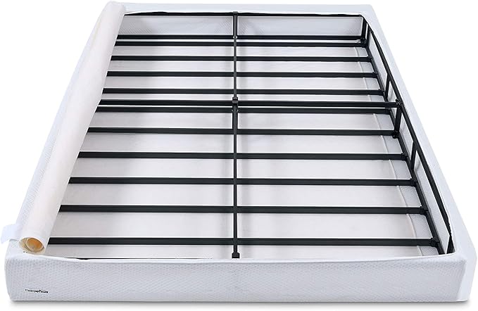 Amazon Basics Smart Box Spring Bed Base, 5-Inch Low Profile Height Mattress Foundation, Sturdy Durable Steel Support, Tool-Free Easy Assembly, Queen, 79" x 59.5" x 5", White