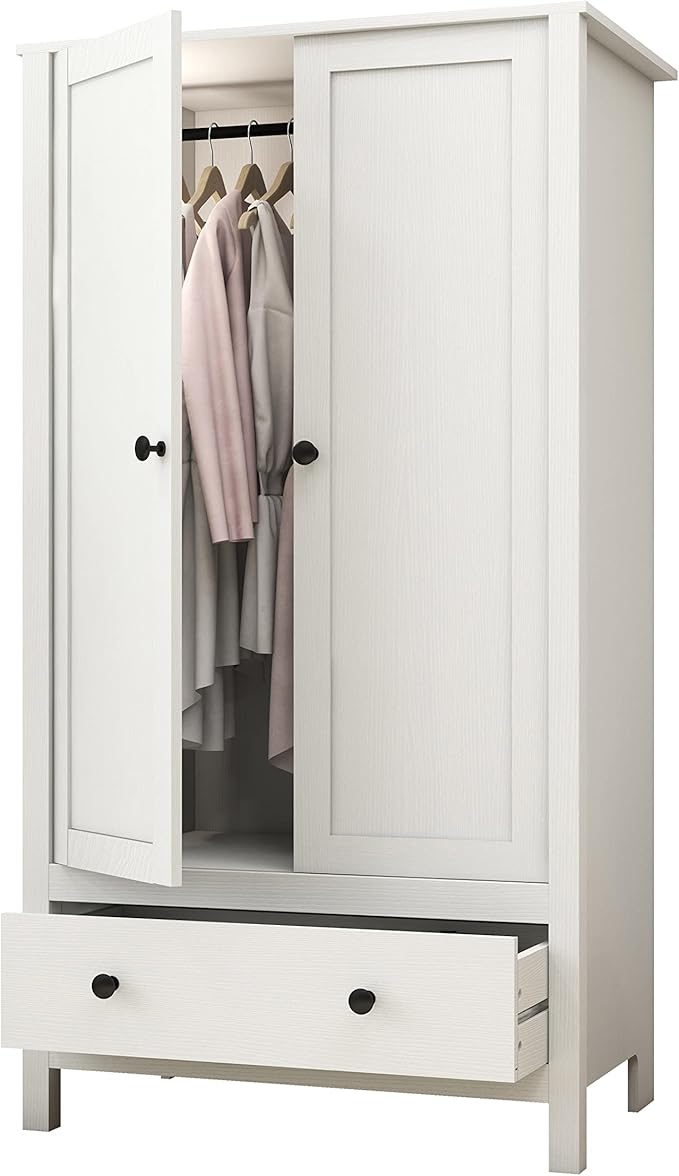 Panana 2 Door Wardrobe, Armoire with Drawer for Bedroom (White)