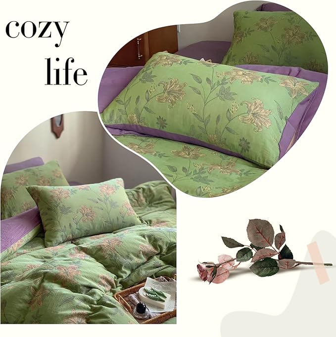 VM VOUGEMARKET Retro Flower Duvet Cover King,3Pcs Yarn-Dyed French Linen Jacquard Duvet Cover Set Mint Green Purple Bedding Set for Girls Women Without Comforter