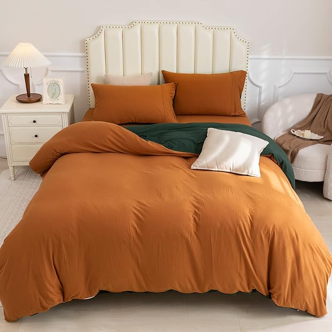 PURE ERA Jersey Knit Duvet Cover Set 100% T-Shirt Cotton Super Soft Comfy 3pc Bedding Set with Zipper Closure (Solid Forest Green/Burnt Orange, King)