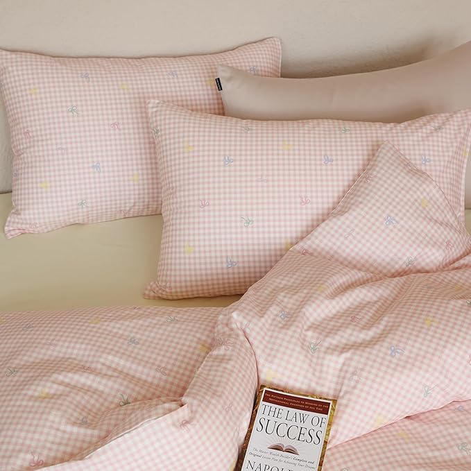 mixinni Gingham Duvet Cover Twin Size, 100% Cotton Light Pink and White Gingham Bedding Set for Girls, Cute Bow Print Soft Aesthetic Cottagecore Bedding 3 Pieces (1 Duvet Cover + 2 Pillowcases)