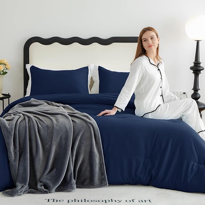 CozyLux Twin Comforter Set Navy Blue, 2 Pieces Twin Extra Long Solid Breathable Bedding Sets for College Dorm, Twin XL Luxury Soft Bed Set with Down Alternative Comforter and 1 Pillowcase All Seasons