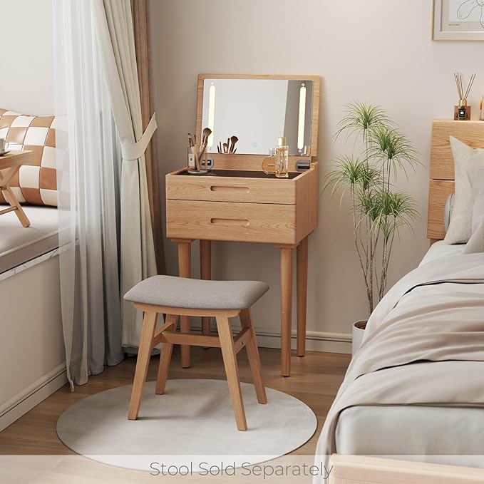 Muwuele Solid Wood Small Vanity Desk with Mirror and Lights, Narrow Makeup Vanity for Small Space, Flip Top Vanity Side Table, 3 Color Modes & Adjustable Brightness, 19.6" Slim Dressing Table, Natural