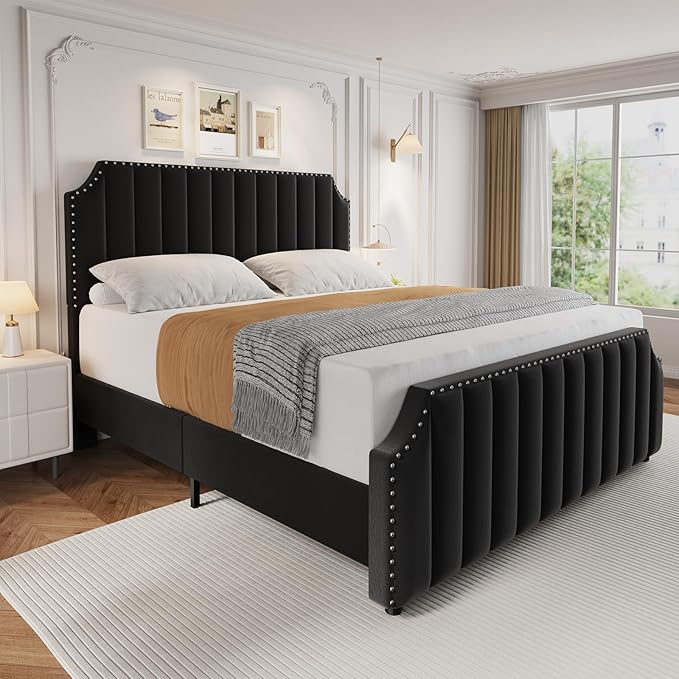 GarveeHome Queen Size Velvet Bed Frame, 50.2" Tall Headboard & Footboard, Upholstered Platform Queen Bed Frame with Nailhead Trim, No Box Spring Needed, Noise Free, Solid Wooden Slats, Black