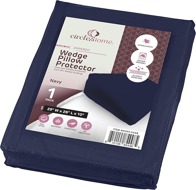 CirclesHome Wedge Pillow Cover 100% Cotton, Zippered Wedge Pillow Case Protector, Soft, Hypoallergenic & Breathable -, Navy, (25Wx26Lx10)