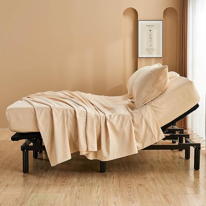 Kingnex Striped 32-34 Split Top King Sheets Sets for Adjustable Bed with Strap Soft Brushed 1800 Microfiber 4 Pieces Flex Head King Bedding Set Beige