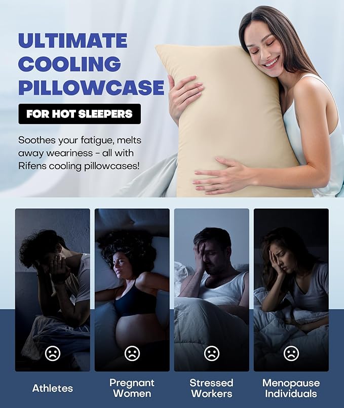 Ice Cooling Pillowcase for Hot Sleepers, Instantly Cool, Stays Cold All Night, Softer Than Silk Pillow Cases, Pillow Covers with Invisible Zipper, Gift for Men & Women - Standard Size, Beige (1 Pack)