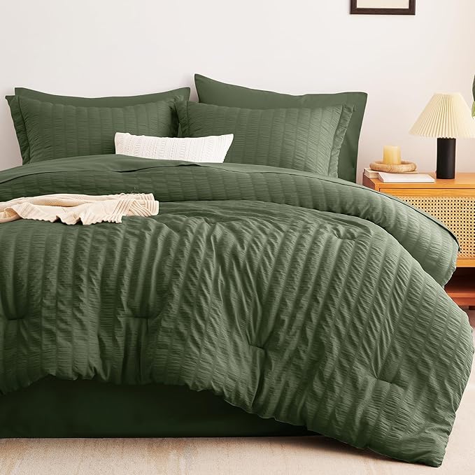 CozyLux Oversized Queen Comforter Set Olive Green Seersucker 7 Pieces 98x98 Bed in a Bag Comforter Set with Sheets, Luxury Soft Bedding Set with Down Alternative Comforter, Sheets, Pillowcases & Shams