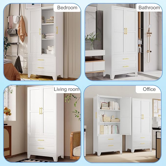 erosoei 71" H Metal Pantry Storage Cabinet,Office File Cabinets with 2 Drawers and Shelves, Kitchen Cupboard Storage Cabinet for Bedroom and Dinning Room(White)