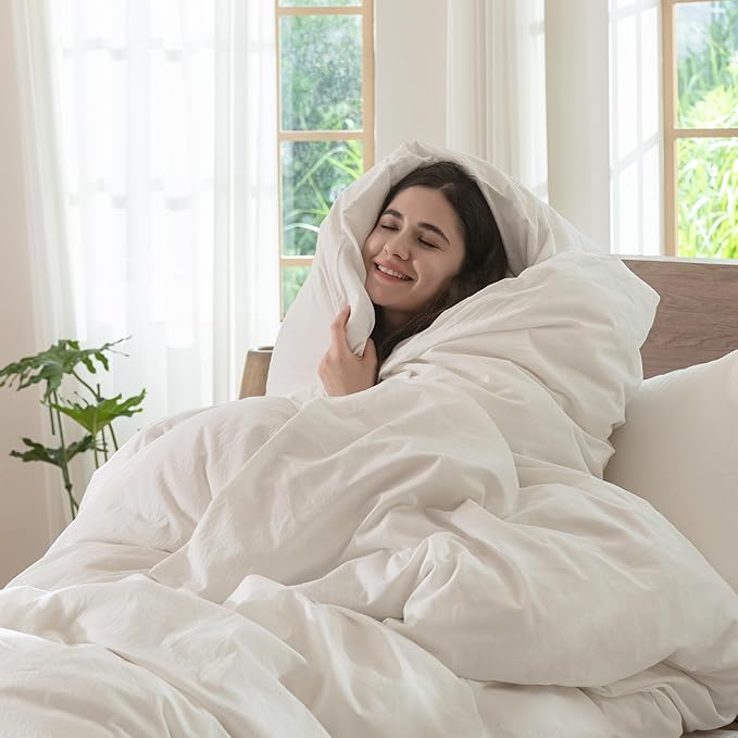 MooMee Bedding Duvet Cover Set 100% Washed Cotton Linen Like Textured Breathable Durable Soft Comfy (Solid Off White, Alaska King 132"x120")