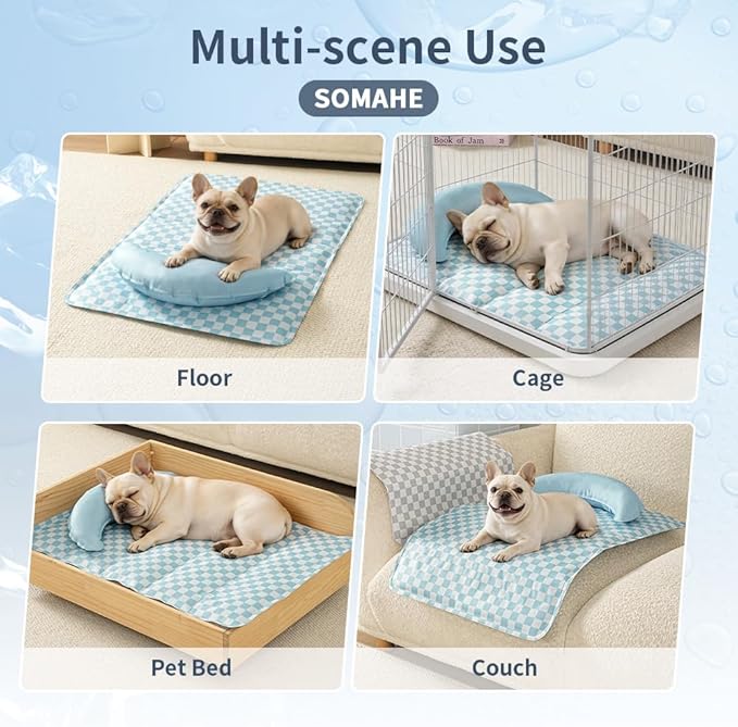 SOMAHE Pet Cooling Mats Pad for Dogs, Portable Summer Self-Cooling Mat with Removable Crescent Pillow for Small Dogs & Cats (Q-Max>0.5), Non-Toxic, All-Day Cooling, 27 x 20 Inches Blue
