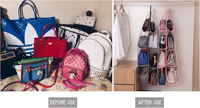 AARAINBOW 2 Packs Hanging Handbag Purse Organizer, Purse Bag Organizer Storage, 8 Pockets Hanging Bag Organizer for Closet Rack, Wardrobe Closet Space Saving Purses Holder, 41L*13.5W (B, 2 Black)