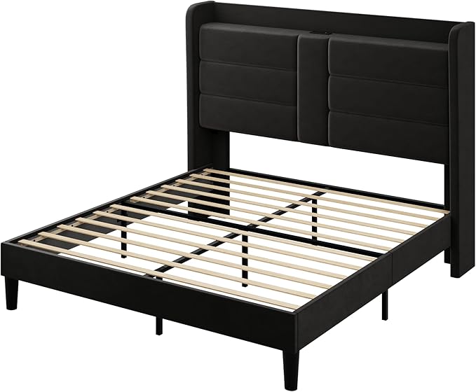 Allewie Full Size Platform Bed Frame with Charging Station & Storage Headboard, Upholstered Velvet Wingback Design & USB Port, Strong Wooden Slats Support, No Box Spring Needed, Easy Assembly, Black