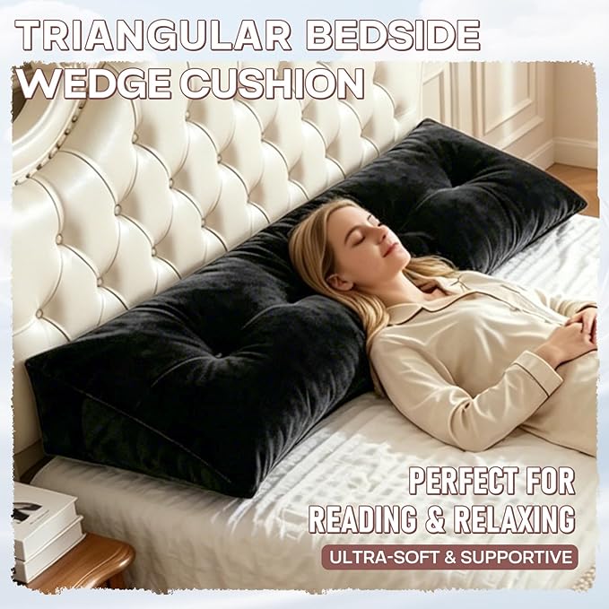 Headboard Pillow Queen, Triangle Wedge Pillow for Headboard, Ergonomic Backrest Cushion for Reading Sitting Working Removable Crystal Velvet Cover for Bed Dorm Sofa (Black, Queen)