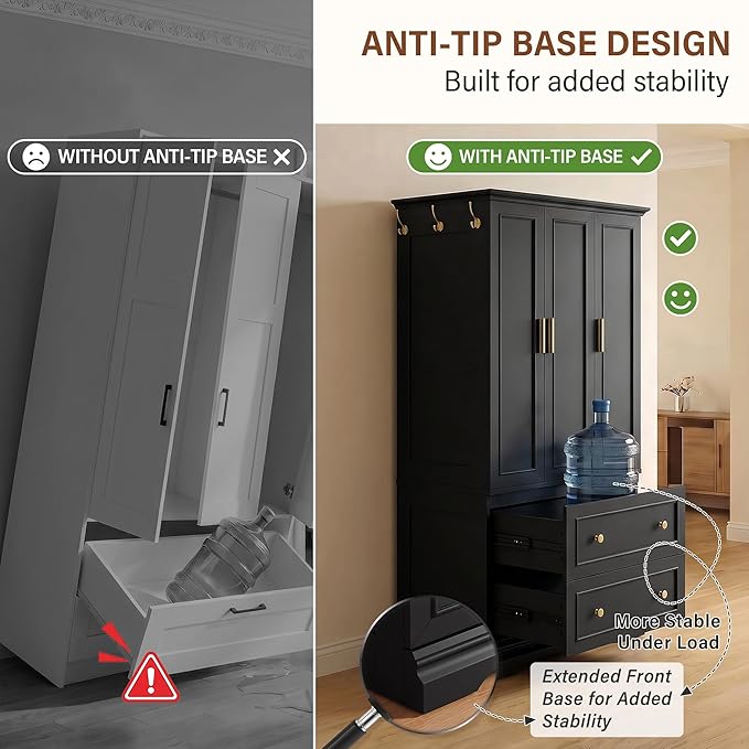 YESHOMY Armoire Wardrobe Closet with Drawers, 70.9" H x 21.1" D Wooden Closet with Hanging Rod, Fixed Shelves & Bottom Cabinet, Soft-Close Doors, Ball-Bearing Slides (Black)