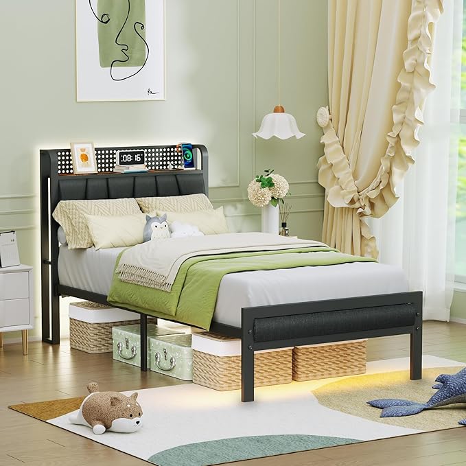 Furnulem Twin Bed Frame with LED Light and Charging Station, Grey Upholstered Storage Headboard with Shelf, Metal Platform Bed with Heavy Duty Slats, No Box Spring Needed, Noise Free & Easy Assembly