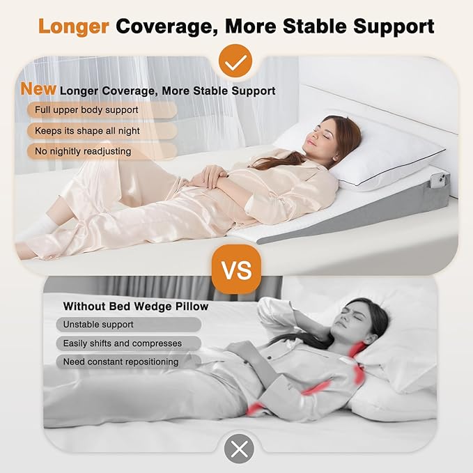Vekkia 34" Extra-Long Wedge Pillow, Back & Arm Support, Bed Wedge Pillow for Sleeping After Surgery, Acid Reflux, Snoring Relief, Removable Washable Cover & Double Side Pockets, 5.5" Height, White