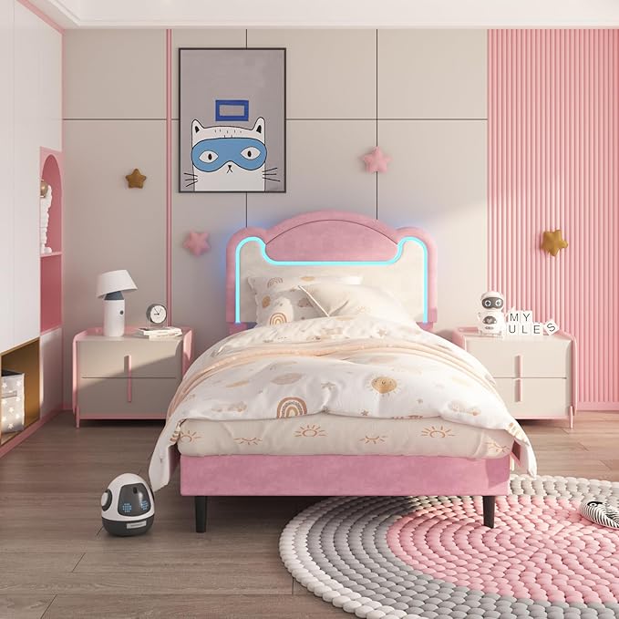 Garvee Twin Size Upholstered Bed Frame with LED Lights & Fabric Headboard, Princess Platform Bed for Girls with Wood Slats, No Box Spring Needed (Pink White)