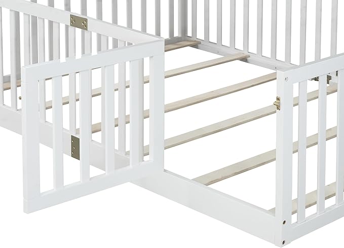 Bellemave Full Size Montessori Floor Bed with 21.5" High Rails, Rubber Wood Full Floor Bed with Slats and Door, White