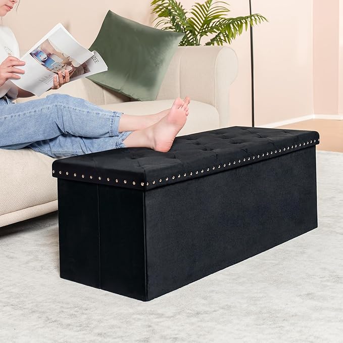 PINPLUS Black Storage Ottoman Bench for Bedroom, Folding Velvet Chest with Benches Foot Rest Stool, Large Long Shoes Chest for Bedroom, Living Room, 43.3"x15.7"x15.7"