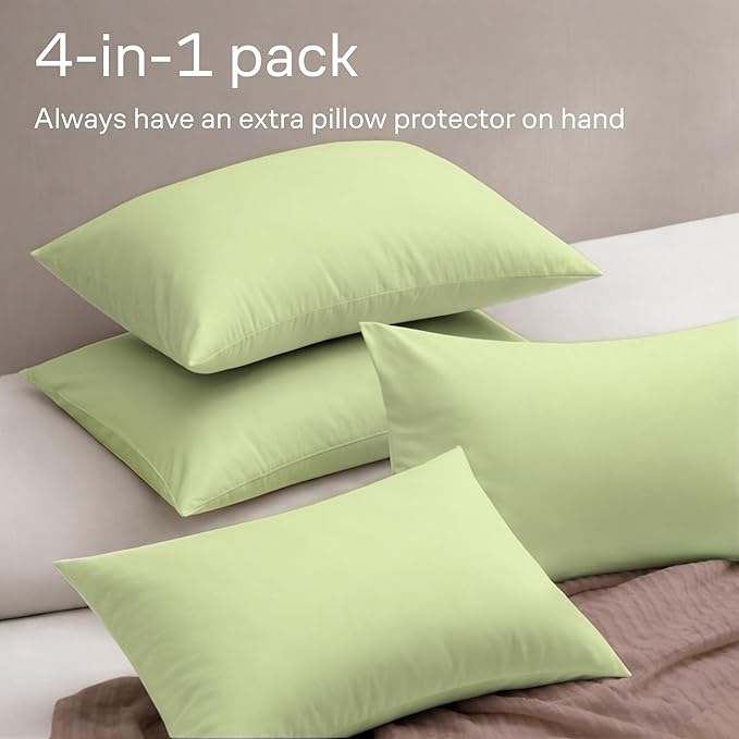 Ultra Soft Pillow Protectors with Zipper Standard Size - Set of 4 Breathable Pillow Covers - 100% Protection Against Stains, Dust & Dirt - Machine Washable (Sage)