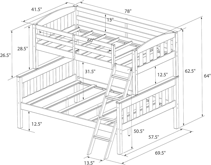 DHP Airlie Convertible Wood Bunk Bed Twin Over Full Size, Stackable and Detachable Bed Frames for Kids, Teens, Angled Ladder, High Guardrail, Wood Slats, No Boxspring Required, Grey