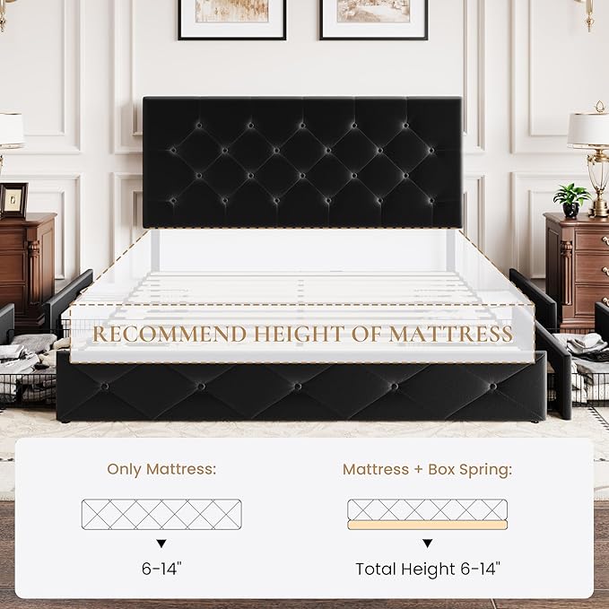 SHA CERLIN Full Size Platform Bed Frame with 4 Oversized Storage Drawers, Adjustable Headboard with Velvet Upholstery, Diamond Button Tufted Design, Wooden Slat Support, No Box Spring Needed, Black