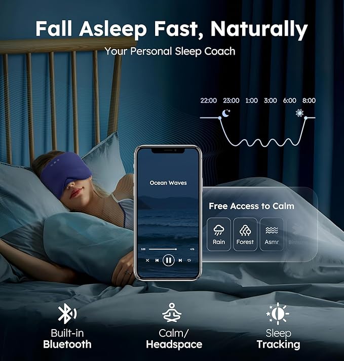 Luxury Bluetooth 5.4 Sleep Mask for Adults - Ice Fiber Cooling & HD Sound, 100% Light Blocking Adjustable Eye Cover for Travel & Side Sleepers - Soft Sleep Headphones with 10H Playtime (Blue)