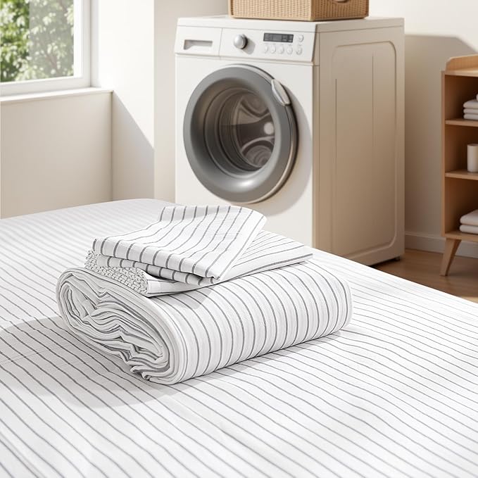 NEXHOME PRO Striped Duvet Cover Twin Size,100% Washed Cotton Bedding Set,Textured Linen Feel,Breathable,Organic,2 Piece(Grey Stripes 68x90)