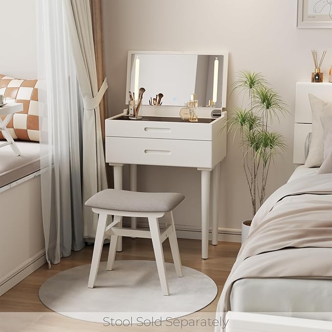 Muwuele Solid Wood Small Vanity Desk with Mirror and Lights, Narrow Makeup Vanity for Small Space, Flip Top Vanity Side Table, 3 Color Modes & Adjustable Brightness, 23.6" Slim Dressing Table, White