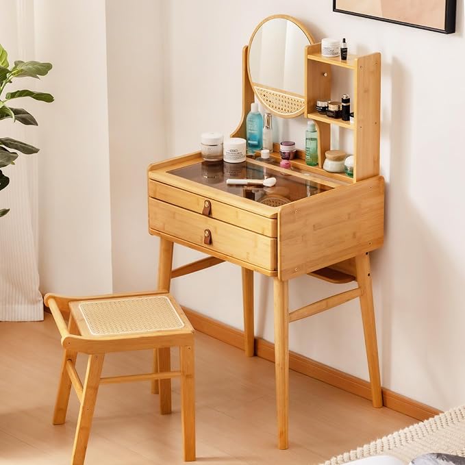 Tiita Vanity Desk, Makeup Vanity Table with Mirror, Dressing Table with 2 Drawers,Modern Wood Bedroom Vanity Vintage Dressing Table for Women Girls, Wood