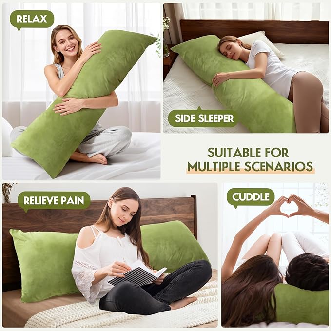 Body Pillow for Adults with Removable Pillowcase,Memory Foam Full Body Pillows for Side Sleepers, Back Pain, Pregnancy, Large Long Pillow Fluffy with Cover for Bed,20x54 Inch, Green