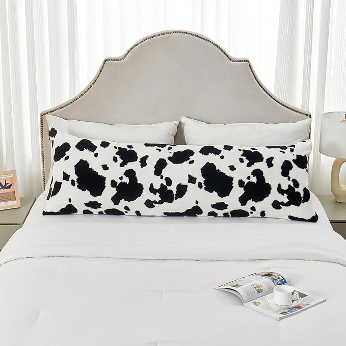 SOCHOW Body Pillow Cover 21x54 Inches, Super Soft and Cozy Cow Print Fleece Long Body Pillowcase with Zipper Closure,1 Pack, Black/White