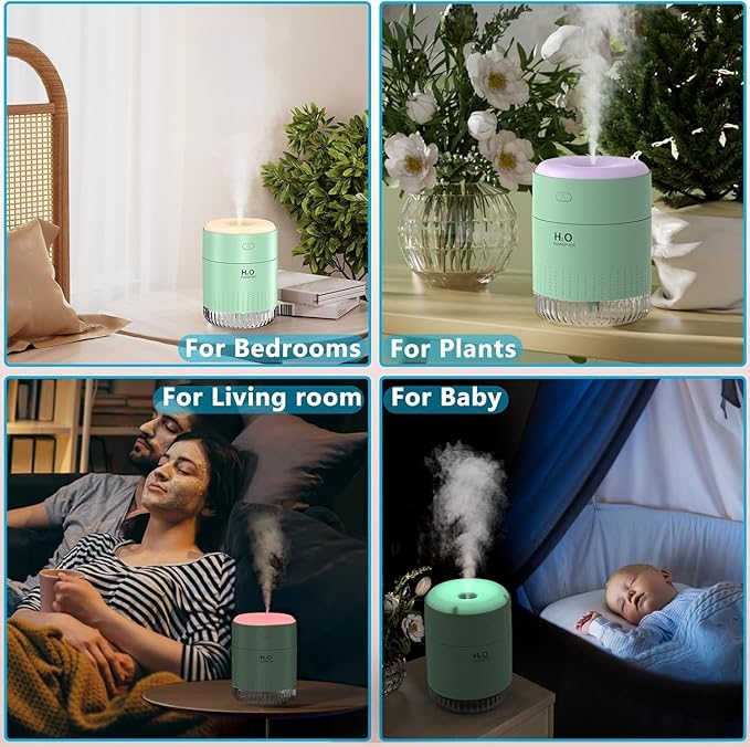 SZO Portable Mini Humidifier, 500ML USB Personal Cool Mist Humidifiers for Bedroom Office Travel Desk, Whisper Quiet 20dB with 2 Mist Modes & Auto Shut-Off, Small Desktop Humidifier(Green)