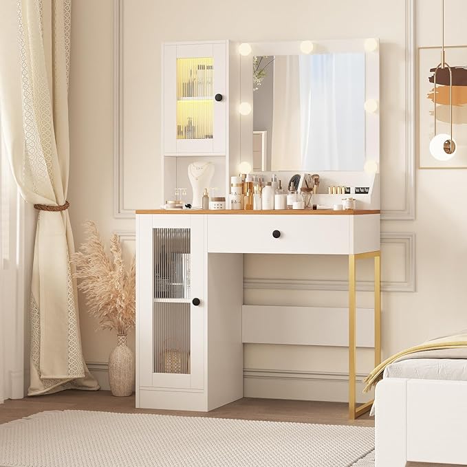 IDEALHOUSE Makeup Vanity Desk with Mirror and Lights, Vanity Table with Charging Station, 2 Open Compartments, 2 Acrylic-Door Cabinets, and RGB Lights Wood Dressing Table for Bedroom