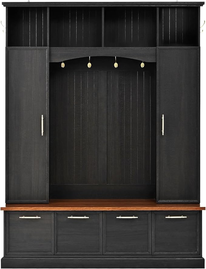 Merax 59" Farmhouse Hall Tree with Golden Hooks & Walnut Bench, Entryway Organizer with Adjustable Shelves, Shoe Storage, Anti-Tip for Mudroom, Living Room, Black