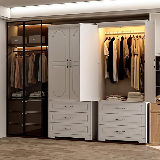 FJTJBSI Armoire Wardrobe Closet with 3 Drawers and LED Light 72" Wooden Bedroom Armoire with 2 Doors and Retro Ceramic Door Handles Modern Wardrobe Cabinet with Removable Hanging Rod White
