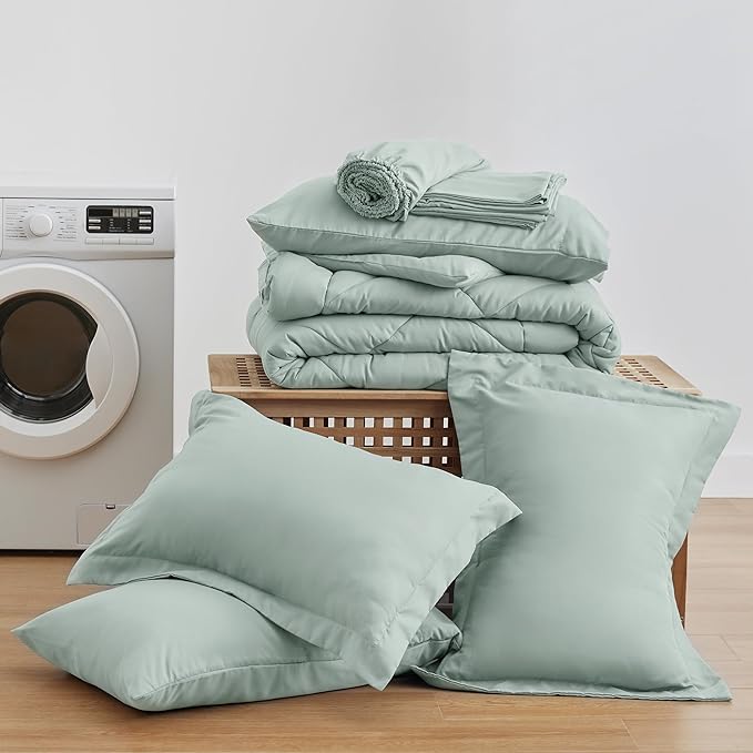 Love's cabin King Size Comforter Set Aqua, 7 Pieces King Bed in a Bag, All Season Bedding Sets with 1 Comforter, 1 Flat Sheet, 1 Fitted Sheet, 2 Pillowcase and 2 Pillow Sham | Soft, Breathable, Lightweight, Comfortable